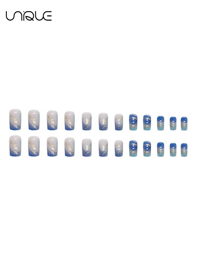 يونيك 24 قطعة أظافر مزيفة ، أظافر مكبس ، مانيكير باليه متوسط الطول - مانيكير أزرق متدرج - فن أظافر خط رقائق الذهب - رقعة أظافر مزيفة - Image 5