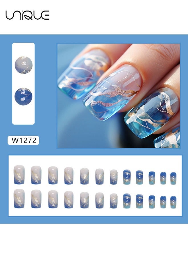 يونيك 24 قطعة أظافر مزيفة ، أظافر مكبس ، مانيكير باليه متوسط الطول - مانيكير أزرق متدرج - فن أظافر خط رقائق الذهب - رقعة أظافر مزيفة - Image 2