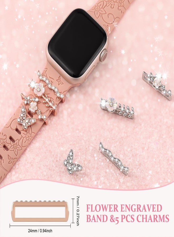 Wowstrap Floral Engraved Band for Apple Watch Bands 40mm 41mm 38mm 44mm 45mm 42mm Women Men,Flower Silicone Sport Band+Decorative Apple Watch Charms for iWatch Series 9 8 7 6 5 4 3 SE 2nd Ultra/2 49mm Strap - Image 2