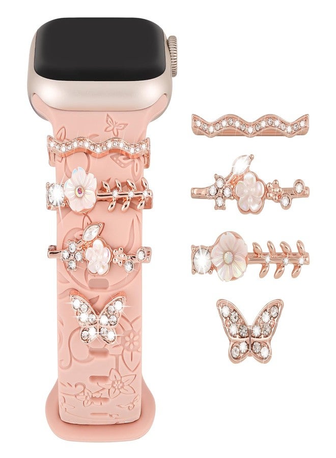 Wowstrap Floral Engraved Band for Apple Watch Bands 40mm 41mm 38mm 44mm 45mm 42mm Women Men,Flower Silicone Sport Band+Decorative Apple Watch Charms for iWatch Series 9 8 7 6 5 4 3 SE 2nd Ultra/2 49mm Strap - Image 1