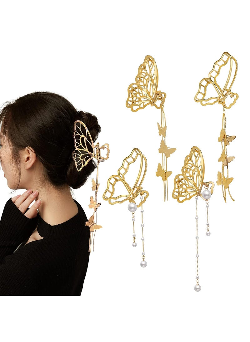 DonLeeving 4 PACK Metal Big Gold Butterfly Hair Clips Clamp Tassel Nonslip Claw Hair Accessories for Women Girls for Thinner Thick Styling Fashion Hair Supplies 