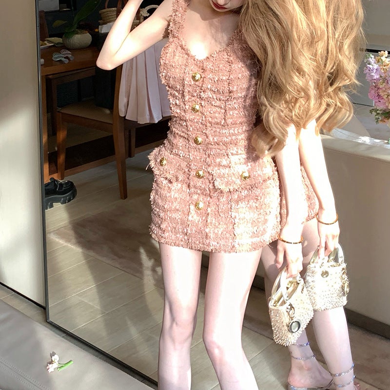 Women's Strap Dress with Gold Buttons, Slim Fit Bodycon Mini Dress - Image 3