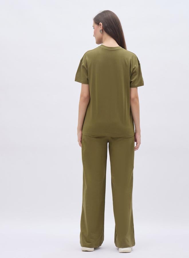 Styli Khaki Slogan Print Boxy T-Shirt and Wide Leg Joggers Co-Ords - Image 5