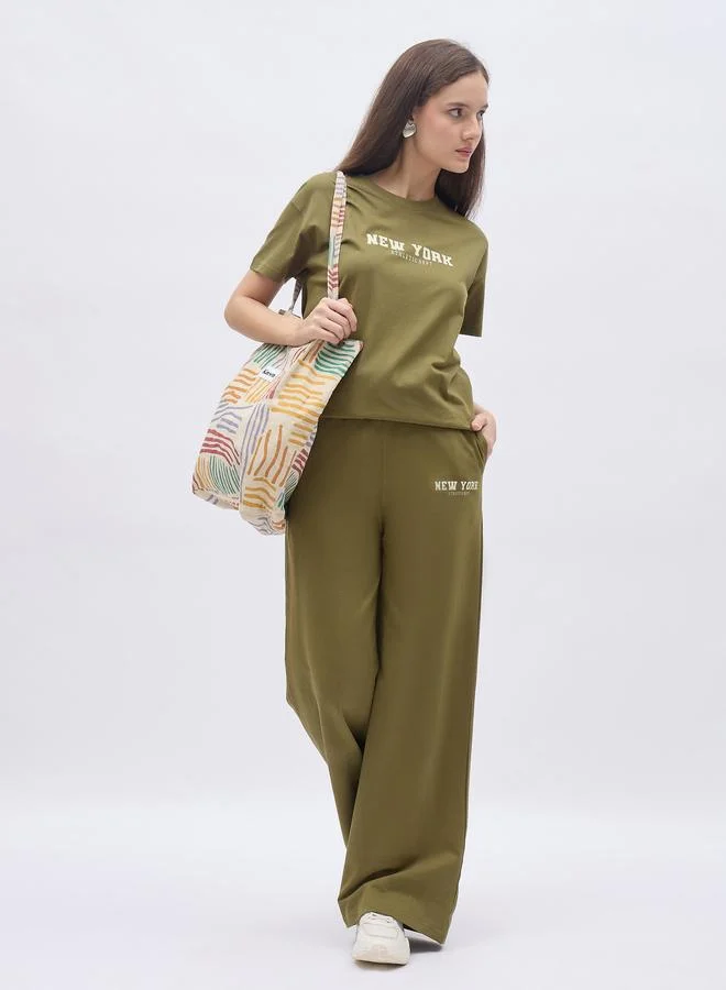 ستايلي Styli Khaki Slogan Print Boxy T-Shirt and Wide Leg Joggers Co-Ords