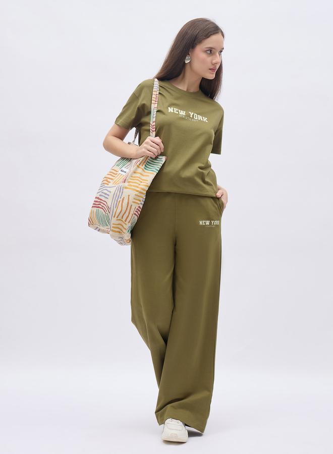 Styli Khaki Slogan Print Boxy T-Shirt and Wide Leg Joggers Co-Ords - Image 1