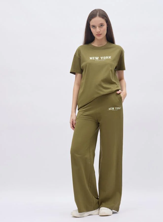 ستايلي Styli Khaki Slogan Print Boxy T-Shirt and Wide Leg Joggers Co-Ords
