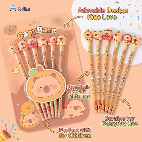 FunBlast Capybara Pencils with Cute Erasers on Top - Pack of 6 Cartoon Pencil for Kid with 3D Kawaii Topper, Writing Drawing Tools for Kids, Birthday Return Gift for Kids (B) - Image 2