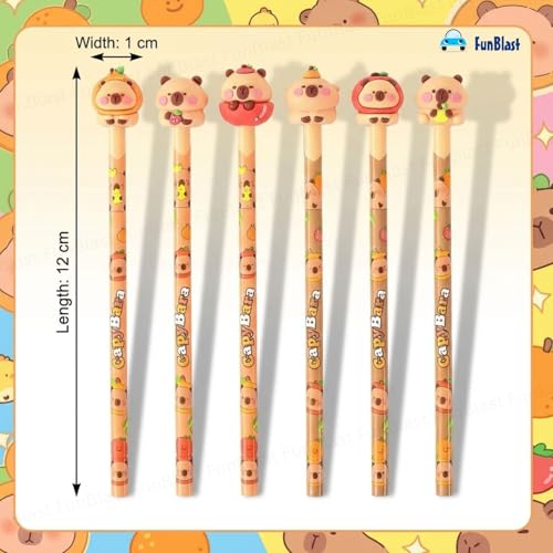 FunBlast Capybara Pencils with Cute Erasers on Top - Pack of 6 Cartoon Pencil for Kid with 3D Kawaii Topper, Writing Drawing Tools for Kids, Birthday Return Gift for Kids (B) - Image 3