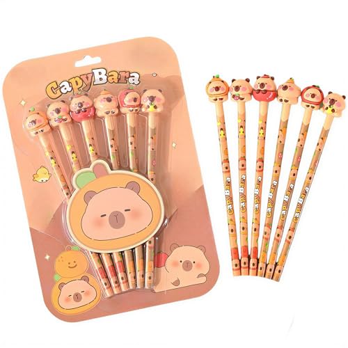 FunBlast Capybara Pencils with Cute Erasers on Top - Pack of 6 Cartoon Pencil for Kid with 3D Kawaii Topper, Writing Drawing Tools for Kids, Birthday Return Gift for Kids (B) - Image 1