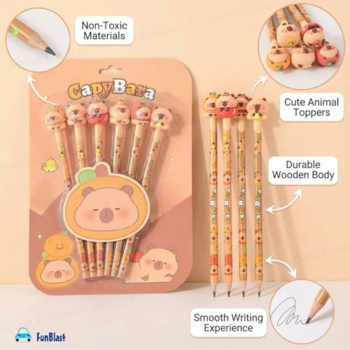 FunBlast Capybara Pencils with Cute Erasers on Top - Pack of 6 Cartoon Pencil for Kid with 3D Kawaii Topper, Writing Drawing Tools for Kids, Birthday Return Gift for Kids (B) - Image 5