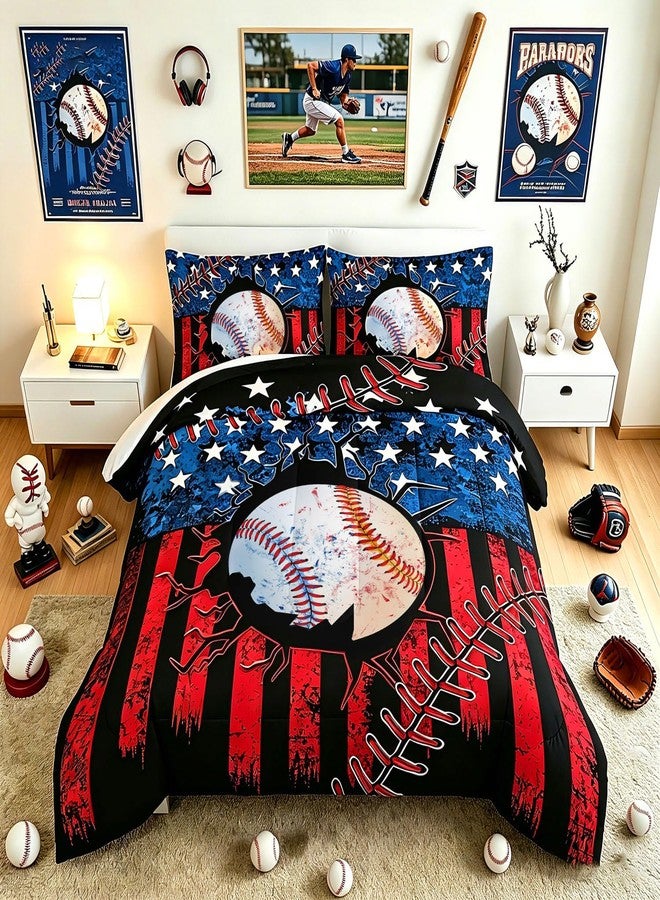 HOSIMA Baseball Comforter Set,Sports Comforter Sets for Boys Kids Teens Bedroom Decor,American Flag Comforter and Baseball Print Bedding Set with 2 Pillowcases,Twin Comforter Set. - Image 1