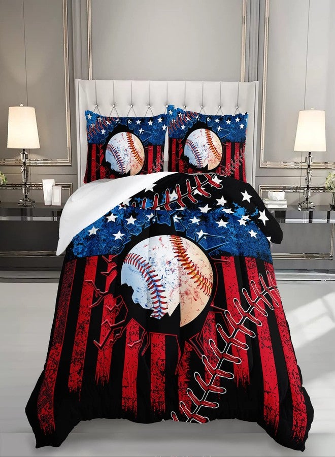 HOSIMA Baseball Comforter Set,Sports Comforter Sets for Boys Kids Teens Bedroom Decor,American Flag Comforter and Baseball Print Bedding Set with 2 Pillowcases,Twin Comforter Set. - Image 2