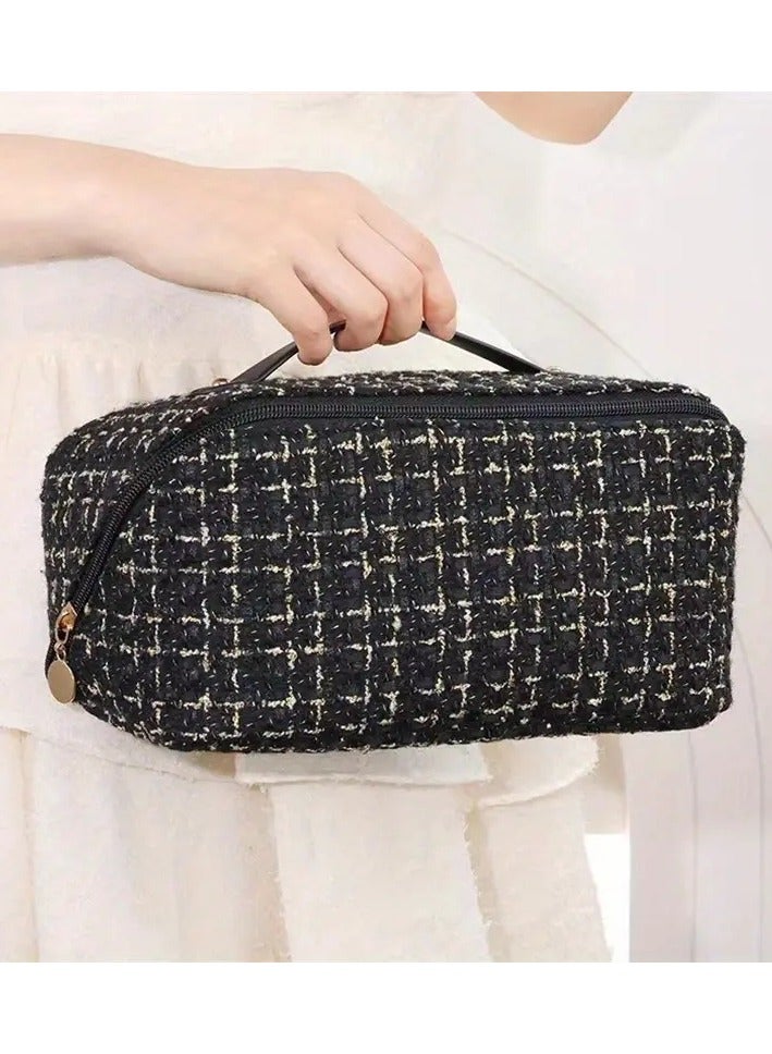 ORiTi Large Plaid Travel Makeup Portable Cosmetic Organizer with Easy Access and Flat Opening for Women Black - Image 1