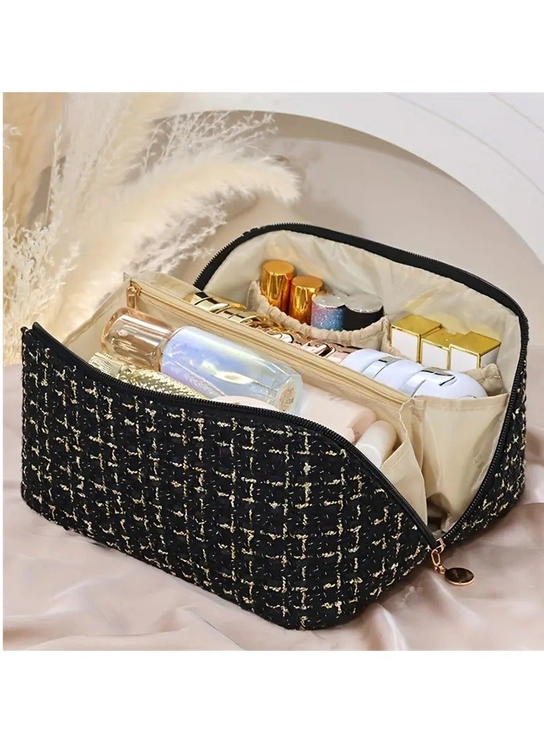 ORiTi Large Plaid Travel Makeup Portable Cosmetic Organizer with Easy Access and Flat Opening for Women Black - Image 2