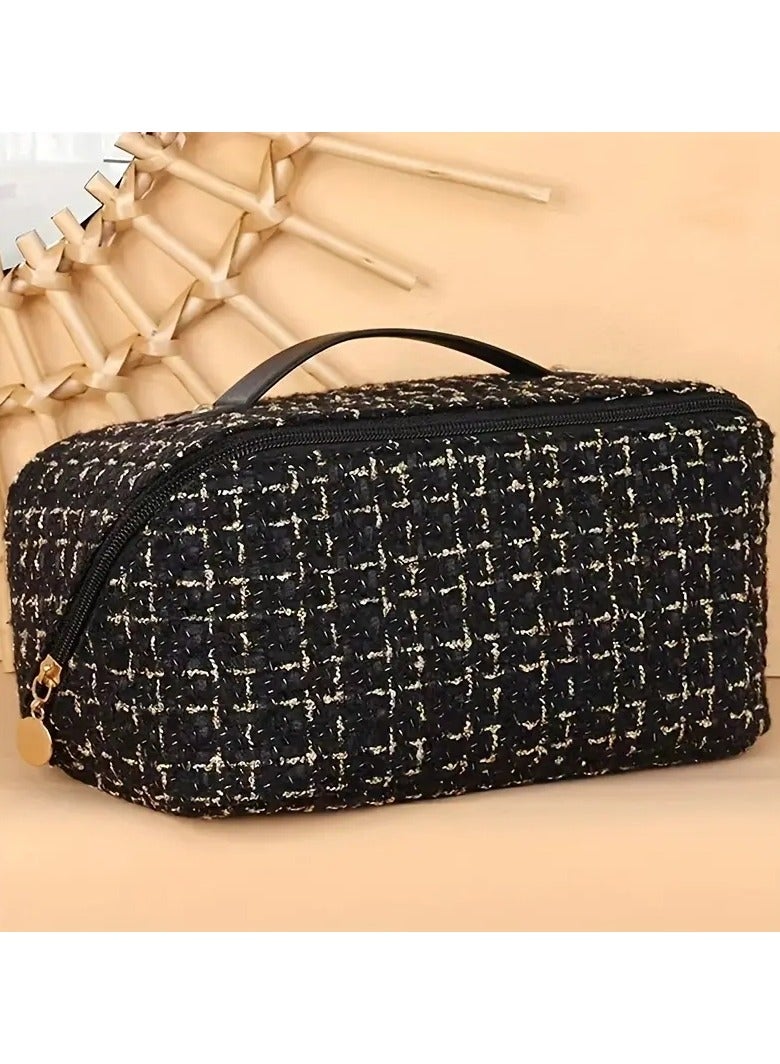 ORiTi Large Plaid Travel Makeup Portable Cosmetic Organizer with Easy Access and Flat Opening for Women Black - Image 3