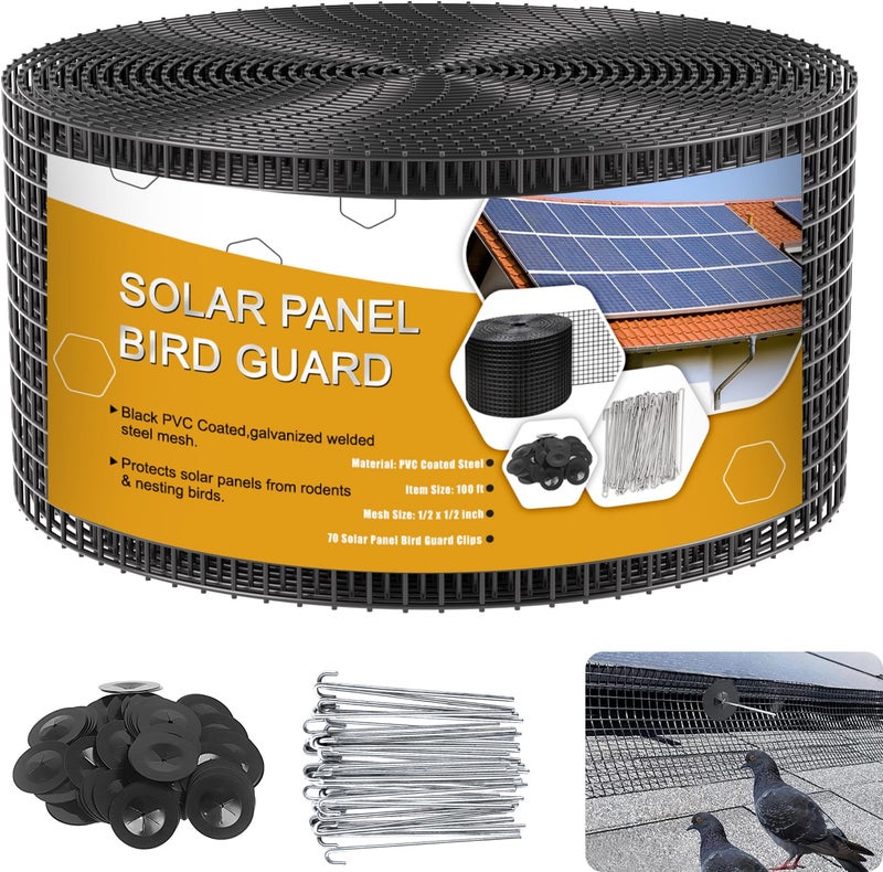 Ansgery Solar Panel Bird Guard,6in x 100ft Critter Guard Roll Kit for Roof Protection Net Wire Screen,Rust-Proof Black PVC Coated Galvanized Net Pigeon Mesh with 70 Fastener Clips for Bird,Animal Control - Image 1