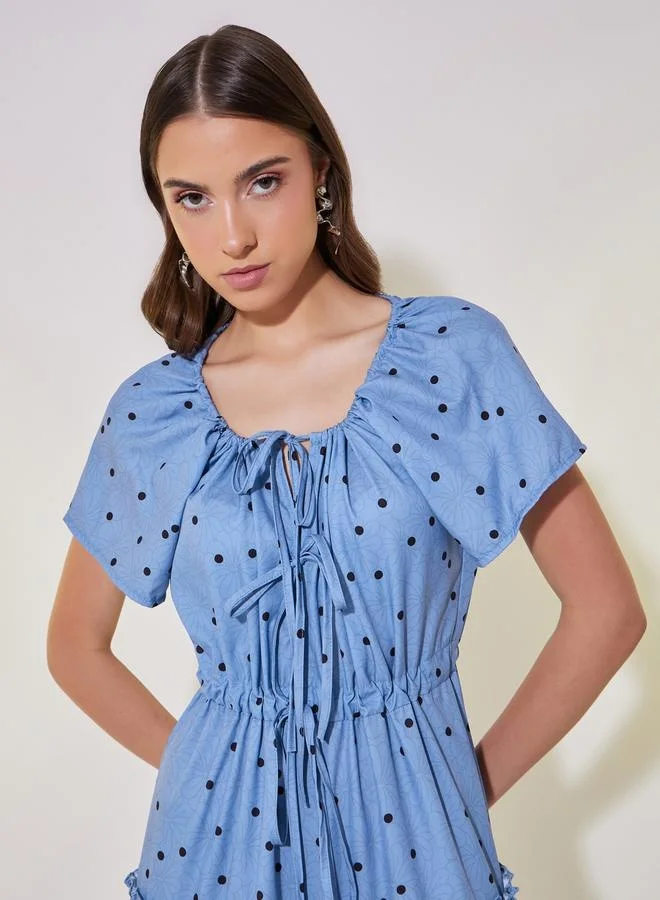 Take Two All-Over Print Puff Sleeve Tiered Midi Dress with Bow Tie-Up Detail