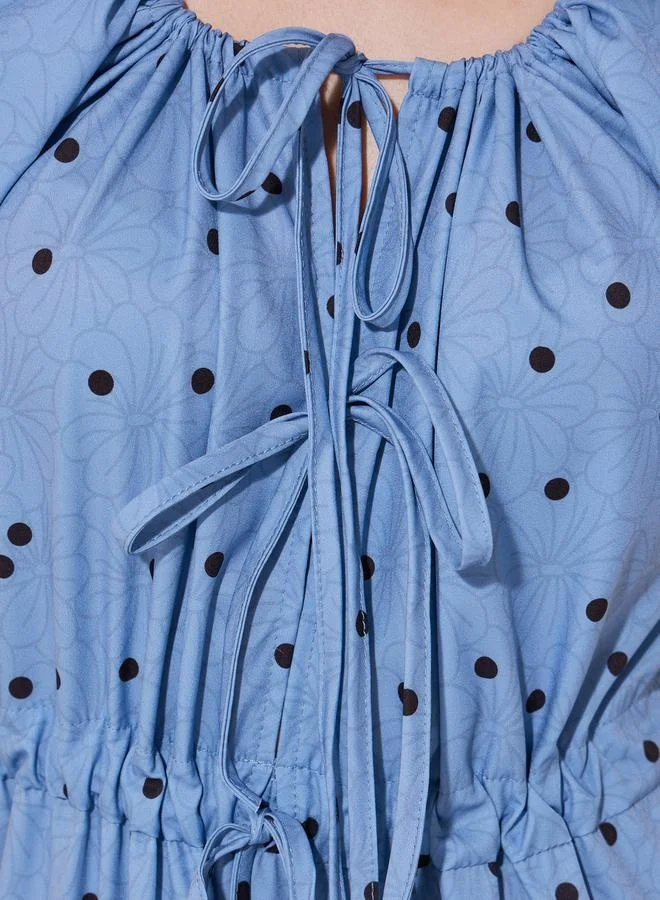 Take Two All-Over Print Puff Sleeve Tiered Midi Dress with Bow Tie-Up Detail