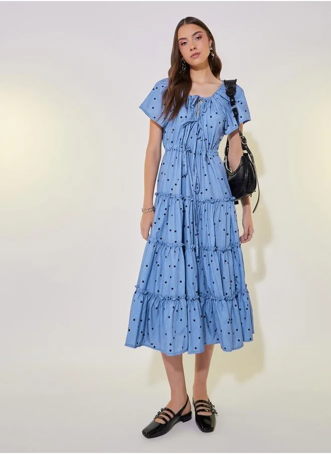 Styli All-Over Print Puff Sleeve Tiered Midi Dress with Bow Tie-Up Detail