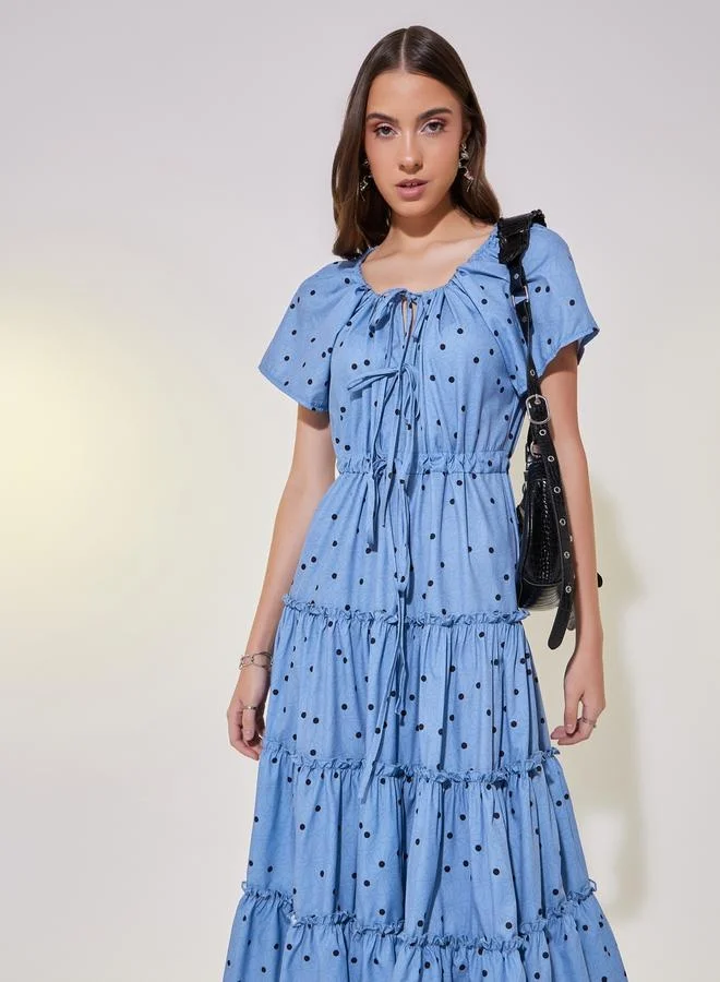Take Two All-Over Print Puff Sleeve Tiered Midi Dress with Bow Tie-Up Detail