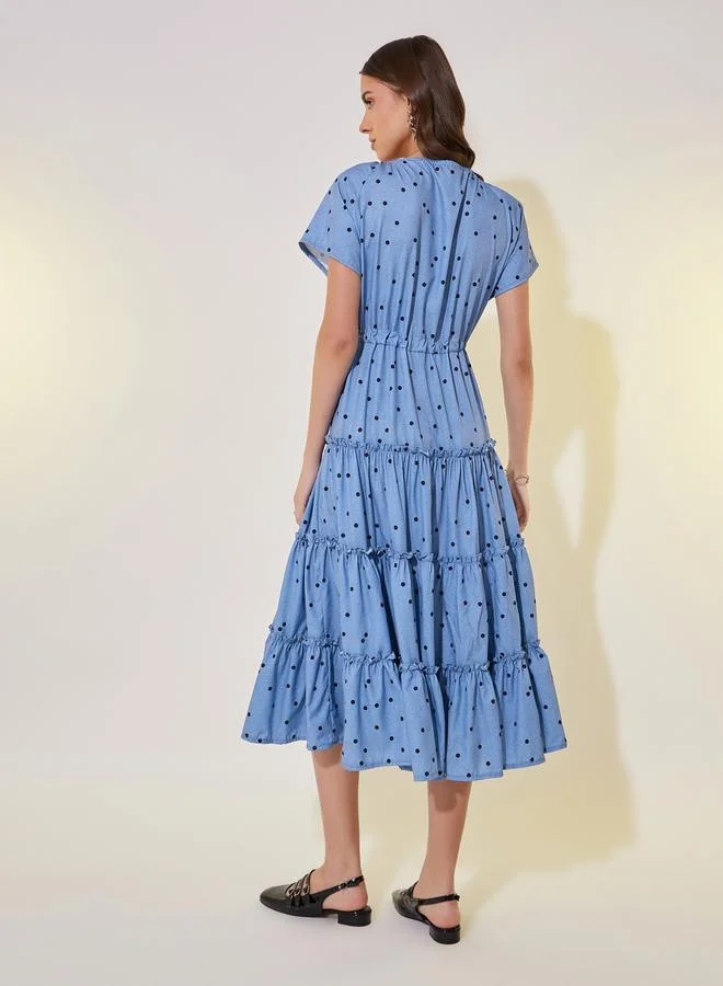 Take Two All-Over Print Puff Sleeve Tiered Midi Dress with Bow Tie-Up Detail