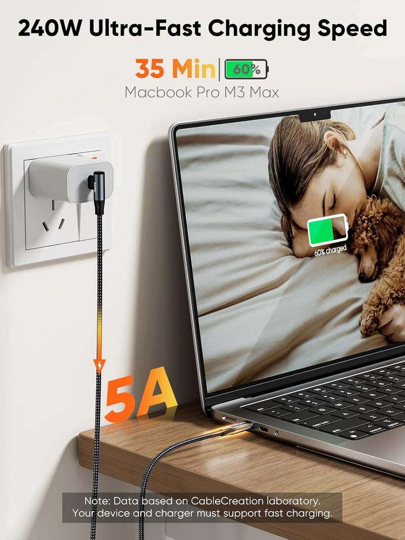 كابل CableCreation USB-C إلى USB-C بزاوية قائمة بقدرة 240 واط وطول 3 أقدام، كابل مضفر من النوع C للشحن السريع لسلسلة iPhone 15 و MacBook Pro/Air و iPad Pro/Air/Mini و Galaxy S24/S23/S22+ و Pixel، متوافق مع 140/100/60 واط - Image 2