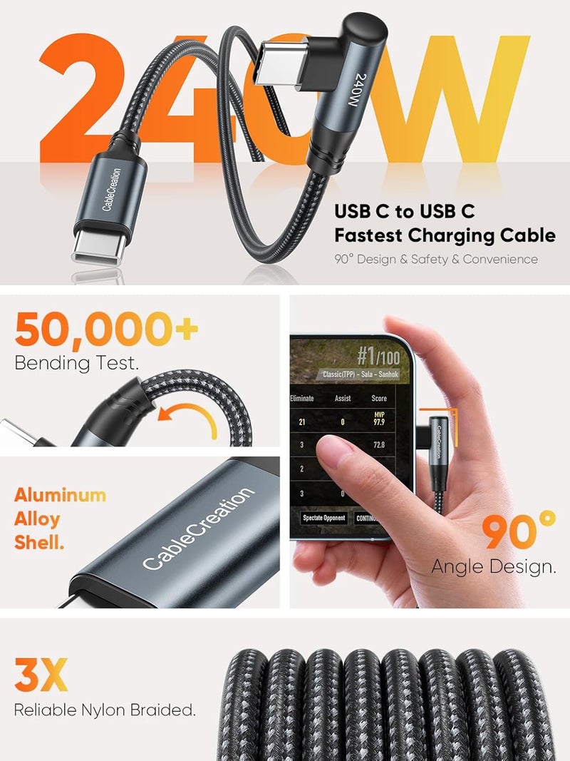 كابل CableCreation USB-C إلى USB-C بزاوية قائمة بقدرة 240 واط وطول 3 أقدام، كابل مضفر من النوع C للشحن السريع لسلسلة iPhone 15 و MacBook Pro/Air و iPad Pro/Air/Mini و Galaxy S24/S23/S22+ و Pixel، متوافق مع 140/100/60 واط - Image 5