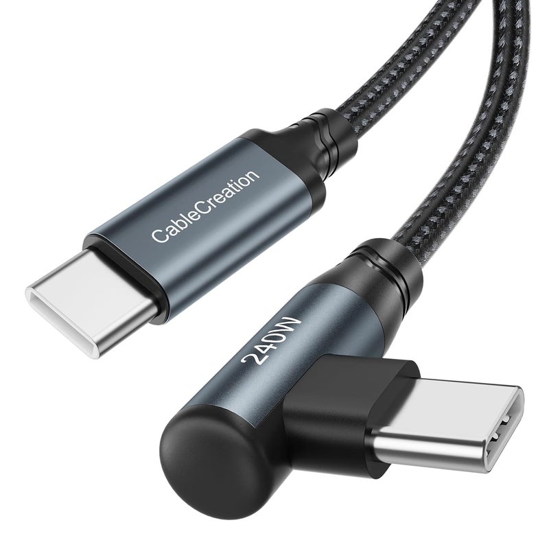 كابل CableCreation USB-C إلى USB-C بزاوية قائمة بقدرة 240 واط وطول 3 أقدام، كابل مضفر من النوع C للشحن السريع لسلسلة iPhone 15 و MacBook Pro/Air و iPad Pro/Air/Mini و Galaxy S24/S23/S22+ و Pixel، متوافق مع 140/100/60 واط - Image 1