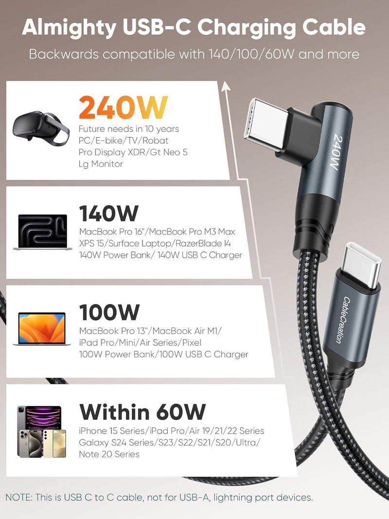كابل CableCreation USB-C إلى USB-C بزاوية قائمة بقدرة 240 واط وطول 3 أقدام، كابل مضفر من النوع C للشحن السريع لسلسلة iPhone 15 و MacBook Pro/Air و iPad Pro/Air/Mini و Galaxy S24/S23/S22+ و Pixel، متوافق مع 140/100/60 واط - Image 4