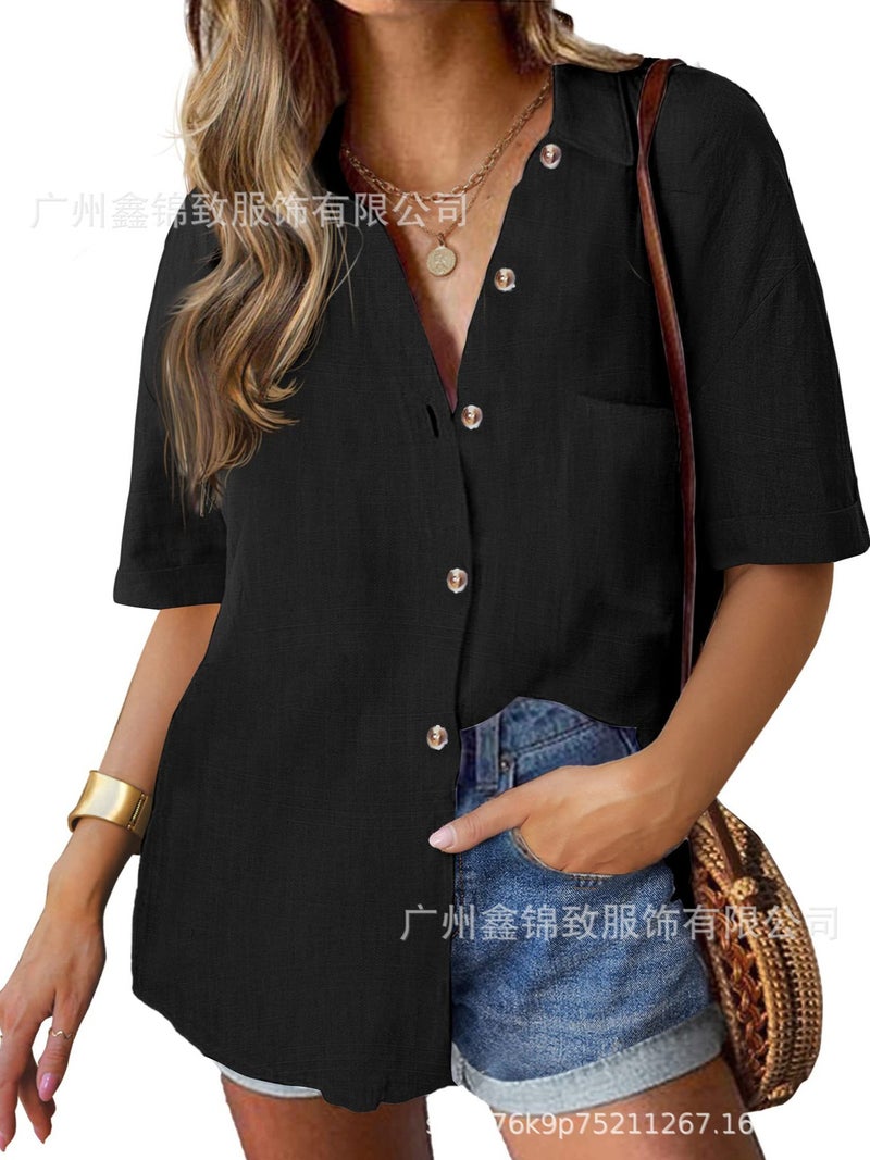 2025 Women'S Linen Shirt Cotton Buttoned Shirt Short Sleeve Loose Collared Casual Work Shirt - Image 3