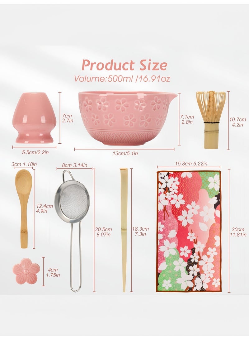 BS 8 Pcs Matcha Set - Flower-shaped Matcha Bowl | Handcrafted Whisk and Holder | Bamboo Scoop and Spoon | Scoop Rest | Sifter and Tea Towel | - Pink Matcha Set with Cherry Blossom Carved Patterns - Image 2