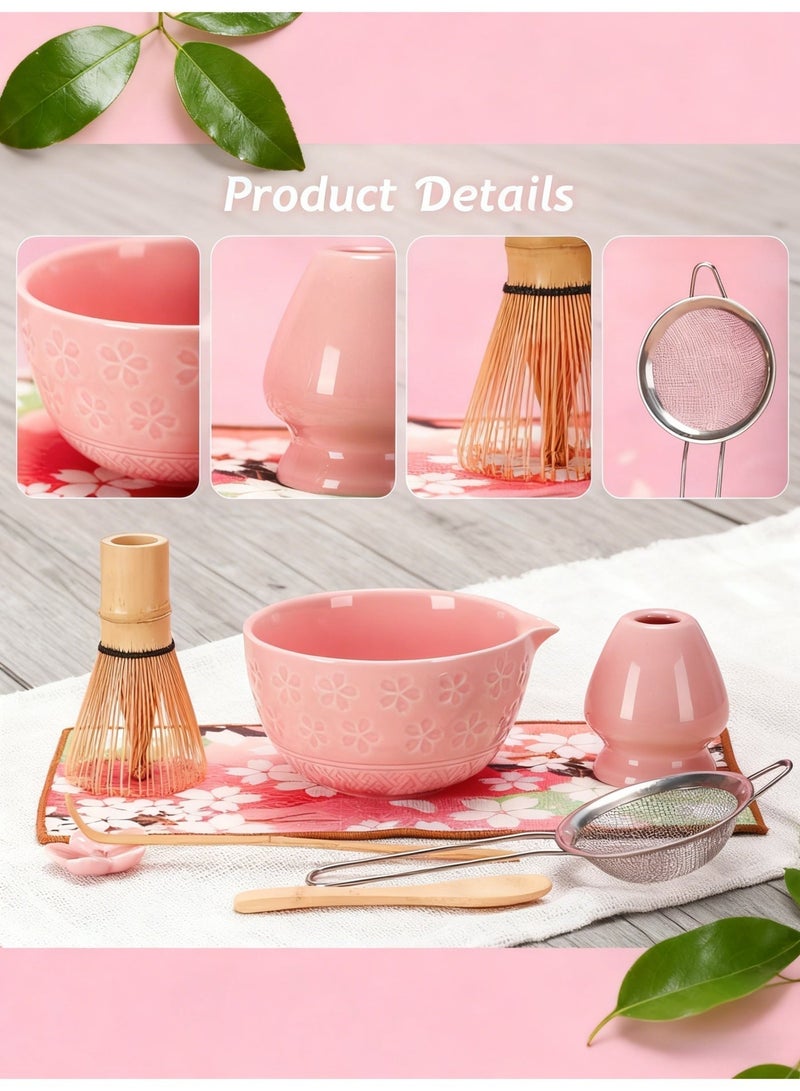 BS 8 Pcs Matcha Set - Flower-shaped Matcha Bowl | Handcrafted Whisk and Holder | Bamboo Scoop and Spoon | Scoop Rest | Sifter and Tea Towel | - Pink Matcha Set with Cherry Blossom Carved Patterns - Image 3