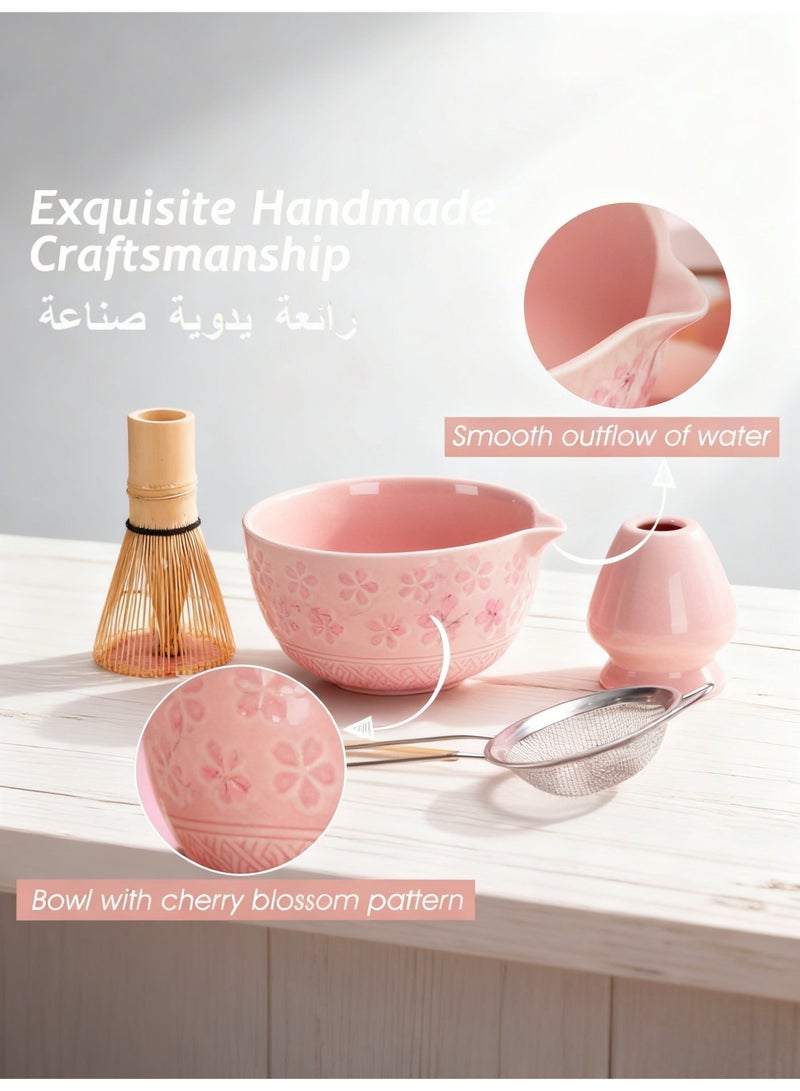 BS 8 Pcs Matcha Set - Flower-shaped Matcha Bowl | Handcrafted Whisk and Holder | Bamboo Scoop and Spoon | Scoop Rest | Sifter and Tea Towel | - Pink Matcha Set with Cherry Blossom Carved Patterns - Image 4