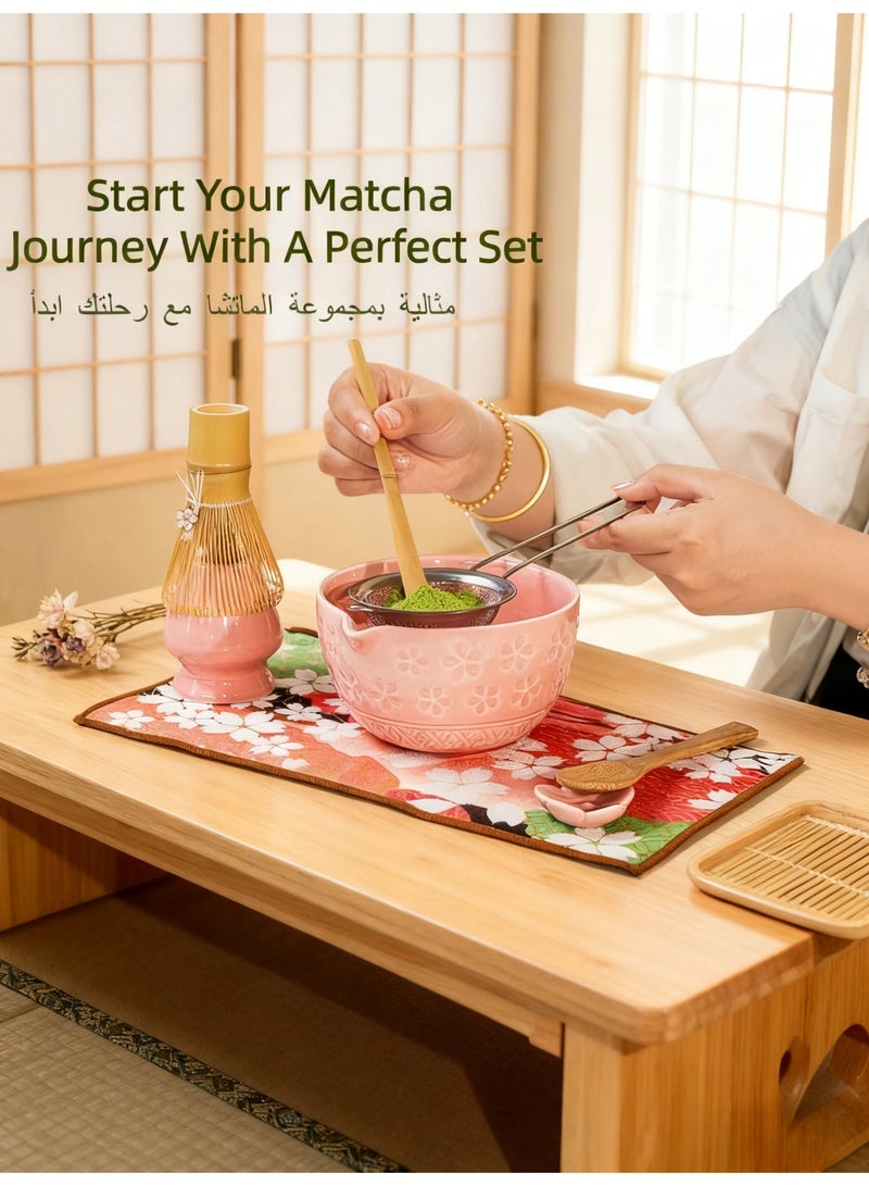 BS 8 Pcs Matcha Set - Flower-shaped Matcha Bowl | Handcrafted Whisk and Holder | Bamboo Scoop and Spoon | Scoop Rest | Sifter and Tea Towel | - Pink Matcha Set with Cherry Blossom Carved Patterns - Image 5