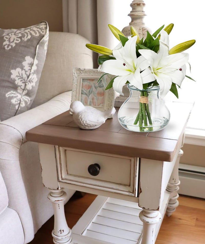Hollyone Artificial Flowers Tiger Lily Real Touch with Vase Easter Lily White Lilies Silk Faux Flowers Arrangements in Glass Vase with Faux Water Easter Decor Fake Floral Bulk Bouquet for Office Home Decor - Image 4