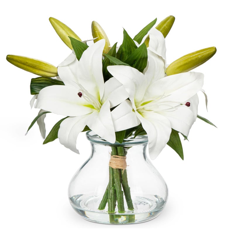 Hollyone Artificial Flowers Tiger Lily Real Touch with Vase Easter Lily White Lilies Silk Faux Flowers Arrangements in Glass Vase with Faux Water Easter Decor Fake Floral Bulk Bouquet for Office Home Decor - Image 1