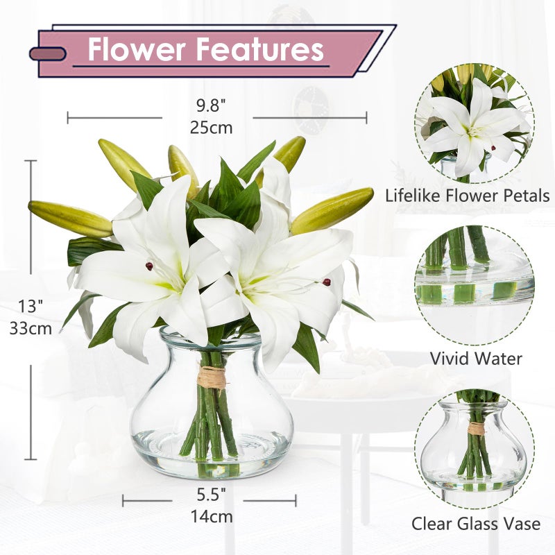 Hollyone Artificial Flowers Tiger Lily Real Touch with Vase Easter Lily White Lilies Silk Faux Flowers Arrangements in Glass Vase with Faux Water Easter Decor Fake Floral Bulk Bouquet for Office Home Decor - Image 2