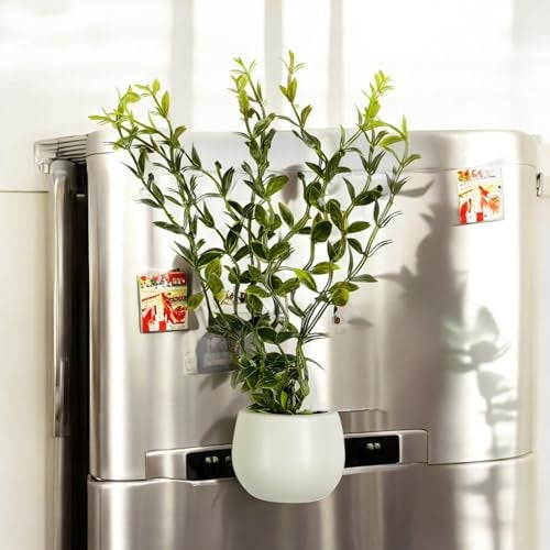 KRIWIN Magnetic Decorative Plant Pot with Artificial Greenery, 25 cm Height, White Plastic Pot Planter for Refrigerator - Image 1