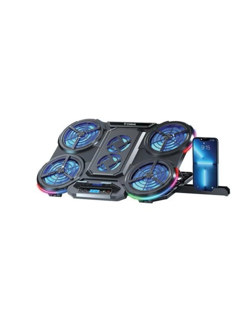Standard ICE08 Cooling Pad Gaming Laptop Stand With Mobile Holder – 6x Blue LED Fans Multi Speed – LCD Screen – RGB Side Lights – 2 x USB -12 UP to 17 Inch | Black