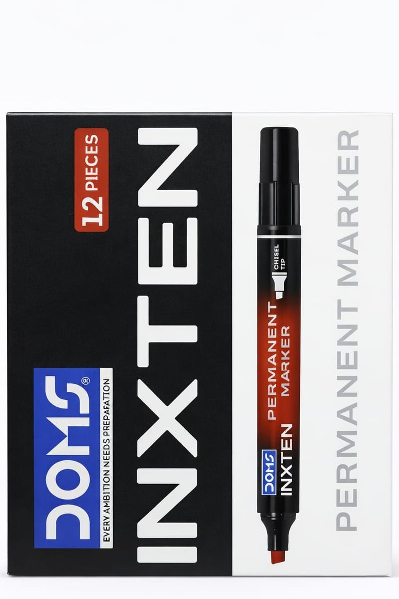 DOMS INXTEN Permanent Marker Pen Red – Chisel Tip | Pack of 12 | Multi-Surface UV Resistant Ink - Image 3