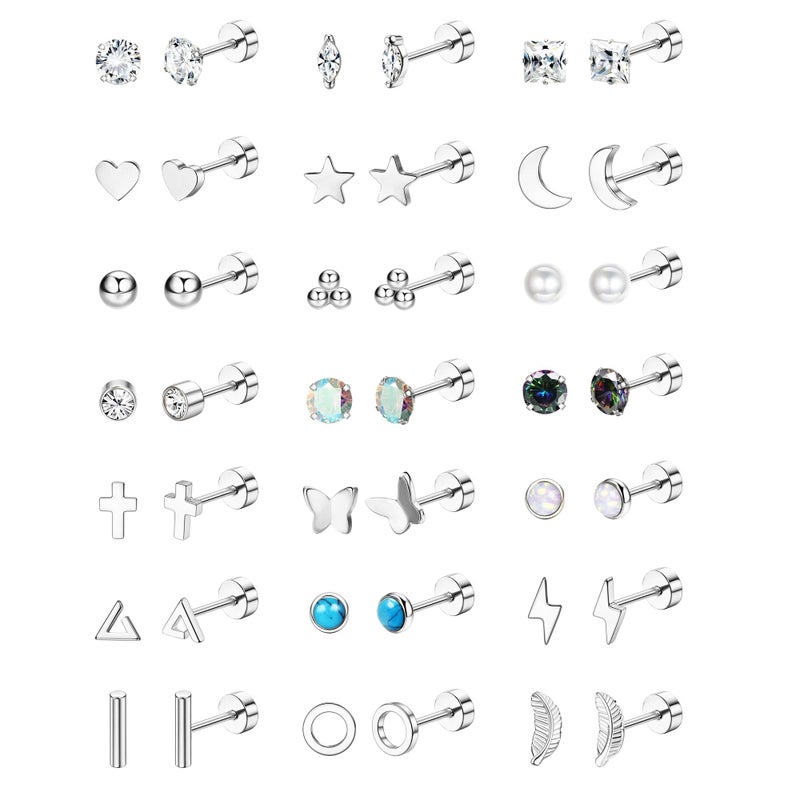 Jstyle 21 Pairs Hypoallergenic Flat Back Stud Earrings for Women Men Surgical Stainless Steel Earrings for Sensitive Ears Cartilage Earring Small Studs Earrings Set Stacks Screw Back Silver Earrings - Image 1