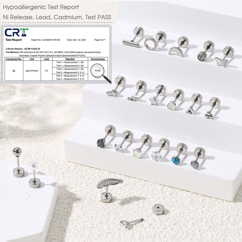 Jstyle 21 Pairs Hypoallergenic Flat Back Stud Earrings for Women Men Surgical Stainless Steel Earrings for Sensitive Ears Cartilage Earring Small Studs Earrings Set Stacks Screw Back Silver Earrings - Image 3
