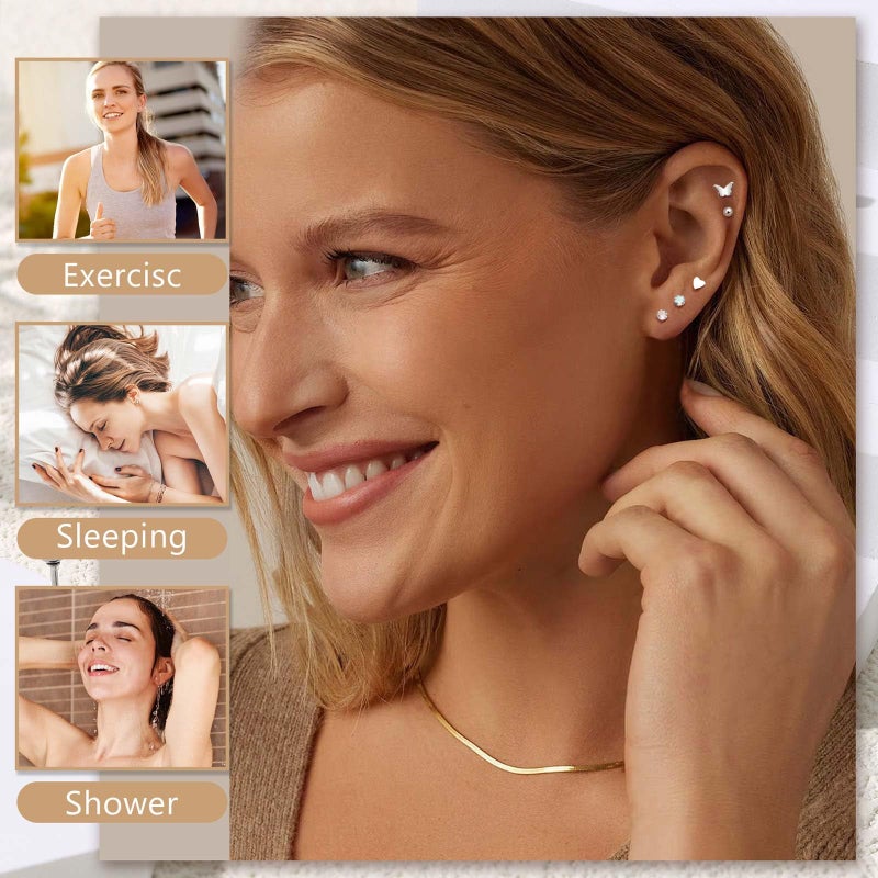 Jstyle 21 Pairs Hypoallergenic Flat Back Stud Earrings for Women Men Surgical Stainless Steel Earrings for Sensitive Ears Cartilage Earring Small Studs Earrings Set Stacks Screw Back Silver Earrings - Image 5