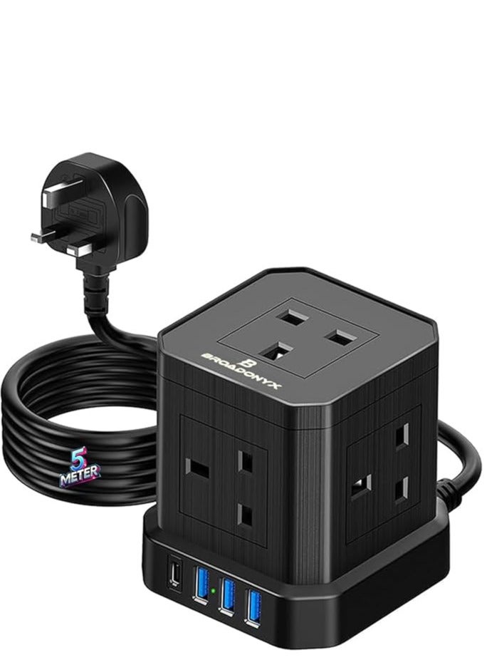 BROADONYX Extension Cord Cube with 5 Meter Pure Copper Cable 13 Amp 3250 Watt Heavy Duty Power Strip with 5 AC Power Outlets 3 USB A Ports and 1 USB C Fast Charging Multi Plug Socket for Home Office Kitchen and Electrical Appliances - Image 1