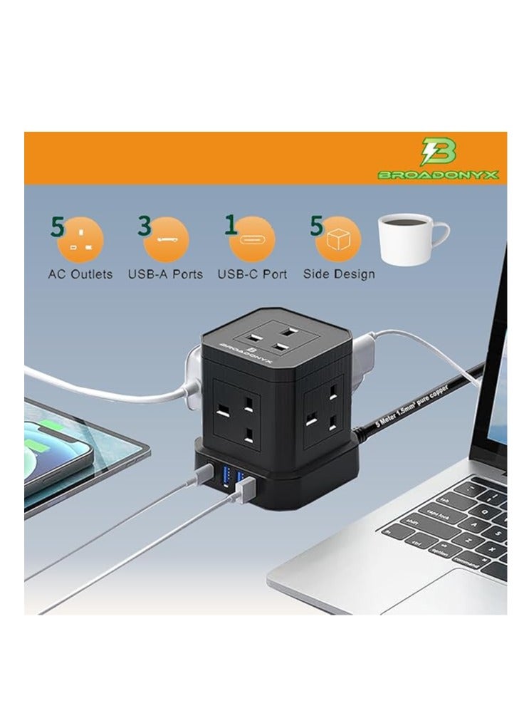 BROADONYX Extension Cord Cube with 5 Meter Pure Copper Cable 13 Amp 3250 Watt Heavy Duty Power Strip with 5 AC Power Outlets 3 USB A Ports and 1 USB C Fast Charging Multi Plug Socket for Home Office Kitchen and Electrical Appliances - Image 2