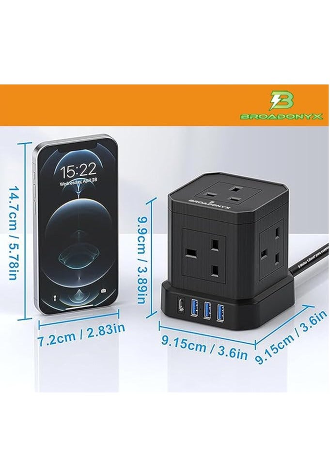 BROADONYX Extension Cord Cube with 5 Meter Pure Copper Cable 13 Amp 3250 Watt Heavy Duty Power Strip with 5 AC Power Outlets 3 USB A Ports and 1 USB C Fast Charging Multi Plug Socket for Home Office Kitchen and Electrical Appliances - Image 3