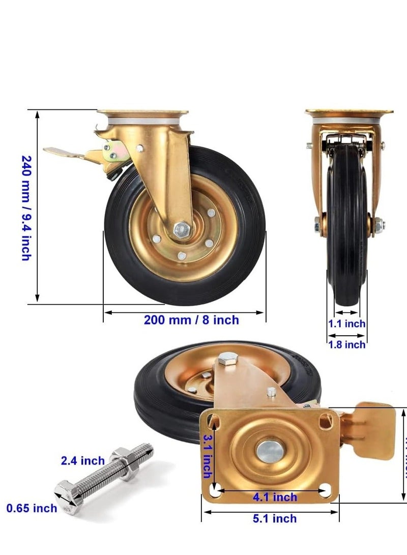 Heavy Duty Industrial Caster Wheel Set Swivel 360 Degrees Plate Casters with Brake Anti-Skid No Noise Floor Marks Rubber Wheels for Carts, Workbench, Furniture Load Bearing, Dustbin Free Screws - Image 5