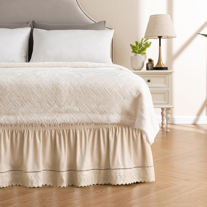WRAP AROUND RUFFLED LACE BED SKIRT ELASTIC DUST RUFFLE WITH ADJUSTABLE BELTS EASY TO PUT ON BED FRAME COVER MACHINE WASHABLE EMBROIDEREDBEIGE FULLTWIN15 DROP