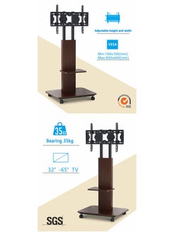 FlashHawk Rolling TV Stand Cart for 32-65" TVs, 35kg Capacity Mobile TV Stand with Adjustable Shelves, Lockable Wheels, VESA 100x100-600x400mm for Home/Office/Outdoor Use  - Image 3