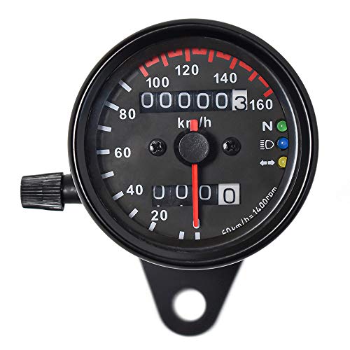 DKMOTORK 0021 KMH Diameter 256 Inches Mechanical Motorcycle Speedometer Dual Odometer Gauge with Led Backlight Neutral Headlight Turn Signal Indicator Stainless 12V Black - Image 1